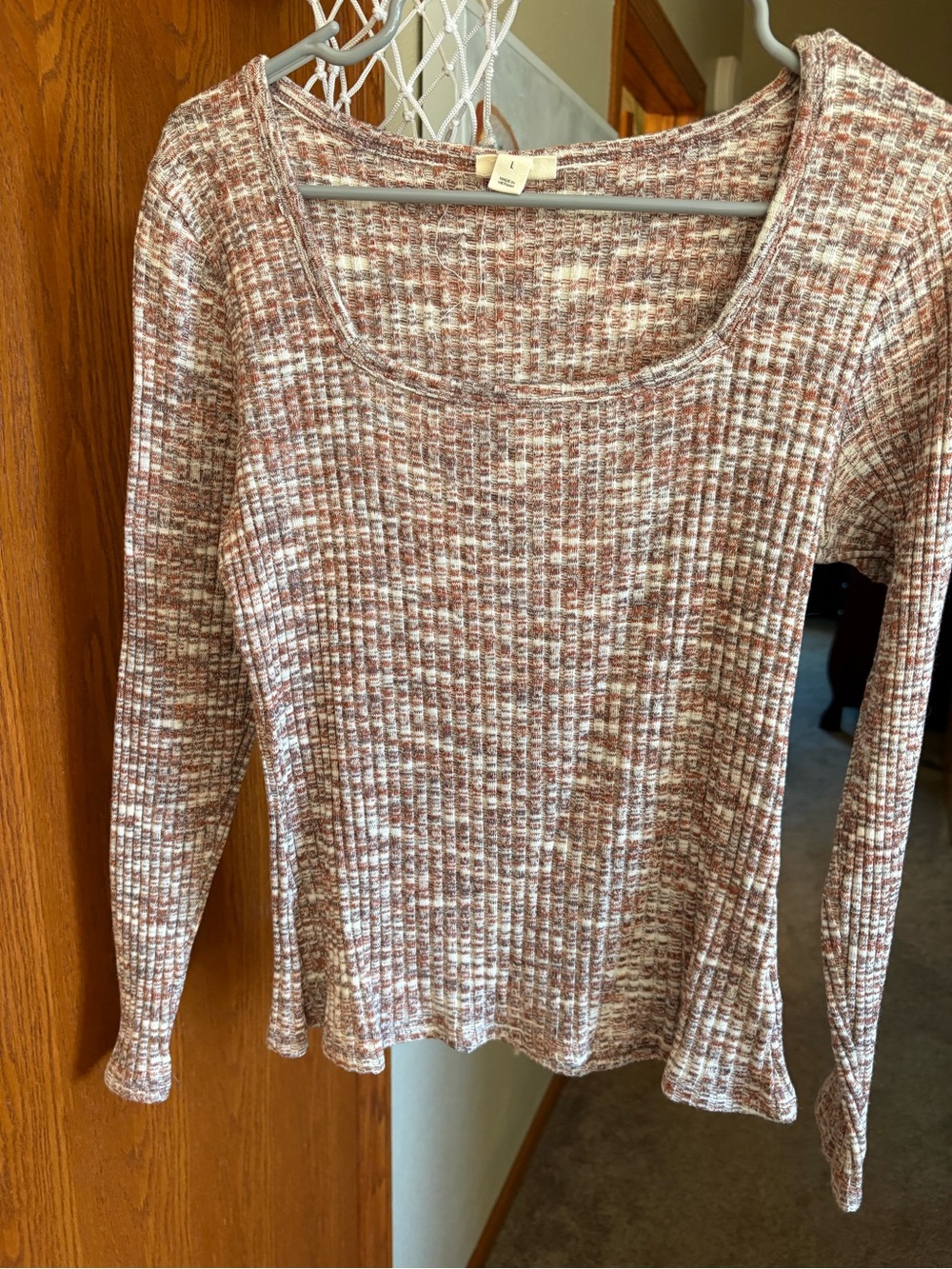 a.n.a Ribbed Scoop Neck Sweater in Brown and Cream Marled